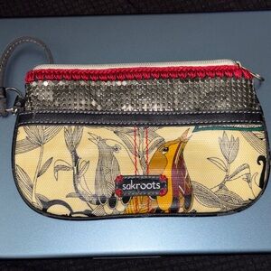 Sakroots Yellow Bird Print Wristlet with Red Trim